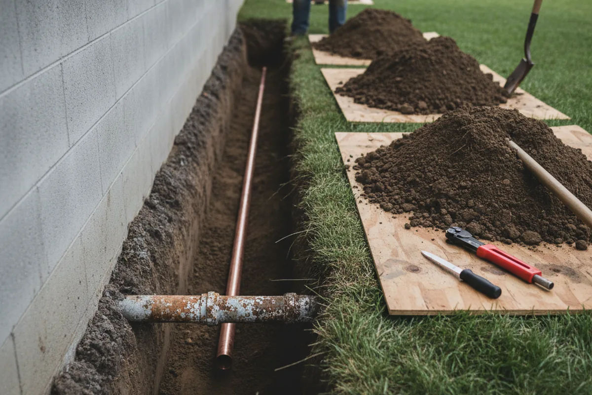 Excavated water line trench during Water Softener Installation in Virginia City